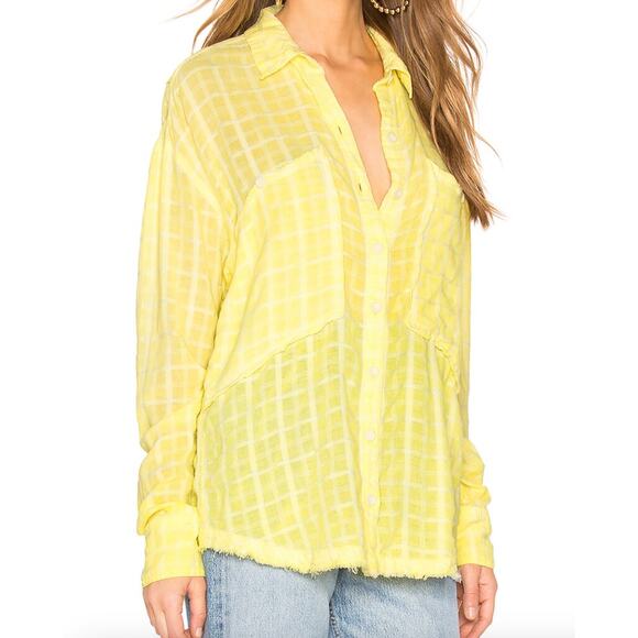 Free People Top Womens Medium Yellow Loveland Button Down Raw Hem Cotton - Picture 1 of 12